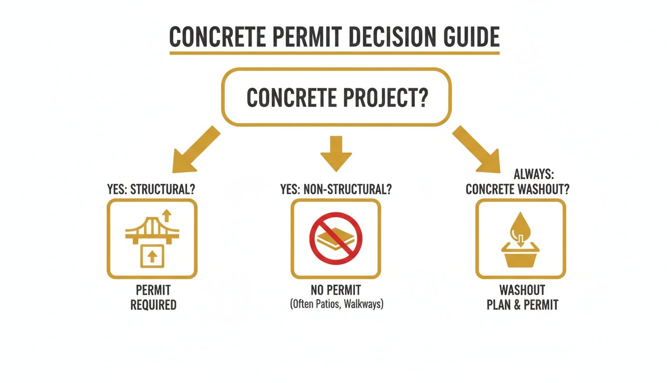 Flowchart guiding concrete project permit decisions for structural, non-structural, and washout scenarios.
