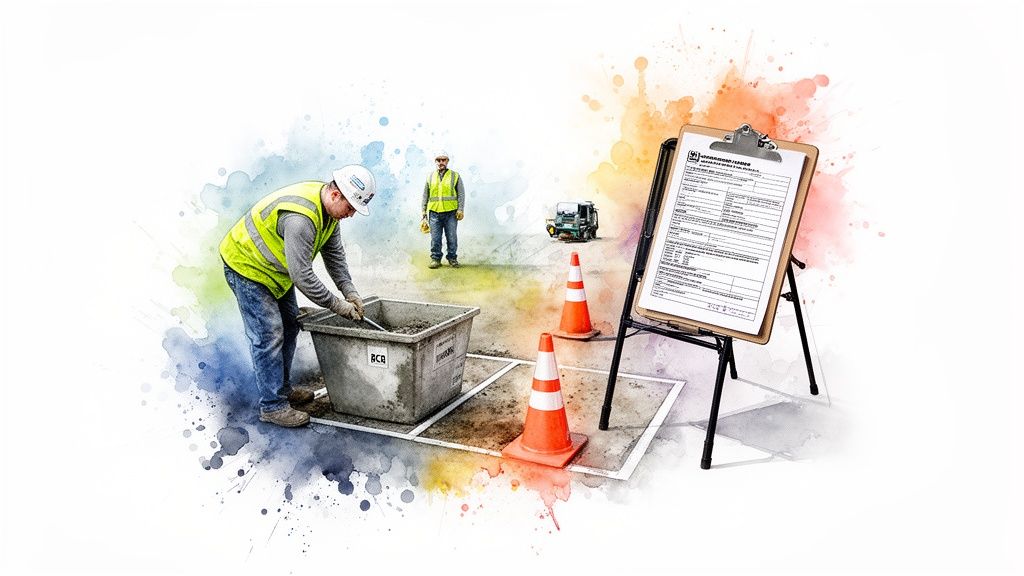 Construction workers mixing concrete at a job site with a clipboard and safety cones.