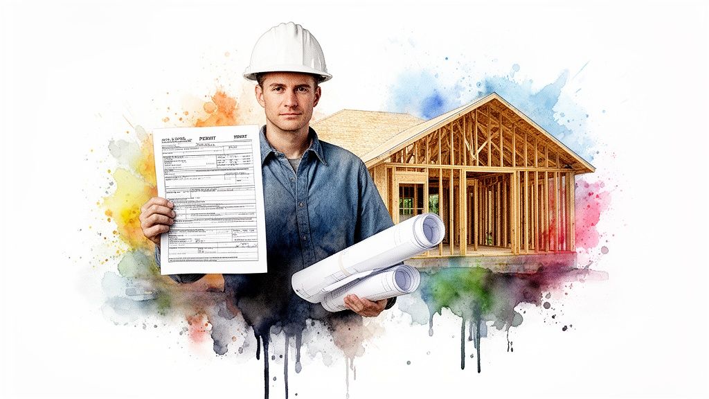 A construction worker in a hard hat holds a building permit and blueprints, with a house frame.