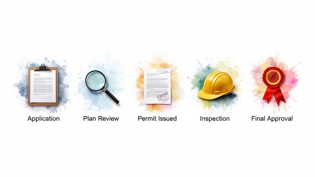 Five steps showing the building permit and approval process, from application to final approval.