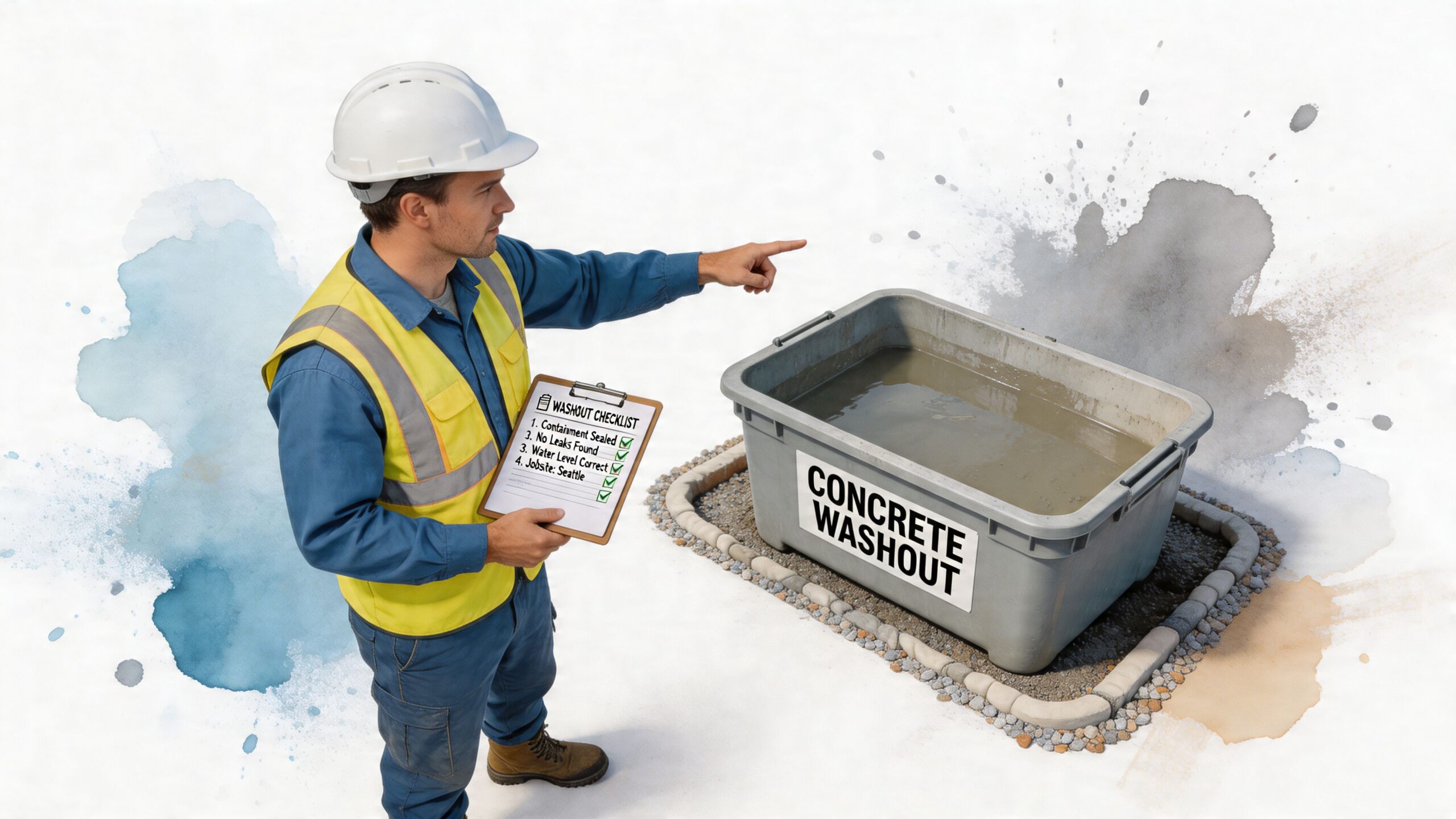 A construction site inspector in a safety vest points to a filled concrete washout containment bin.