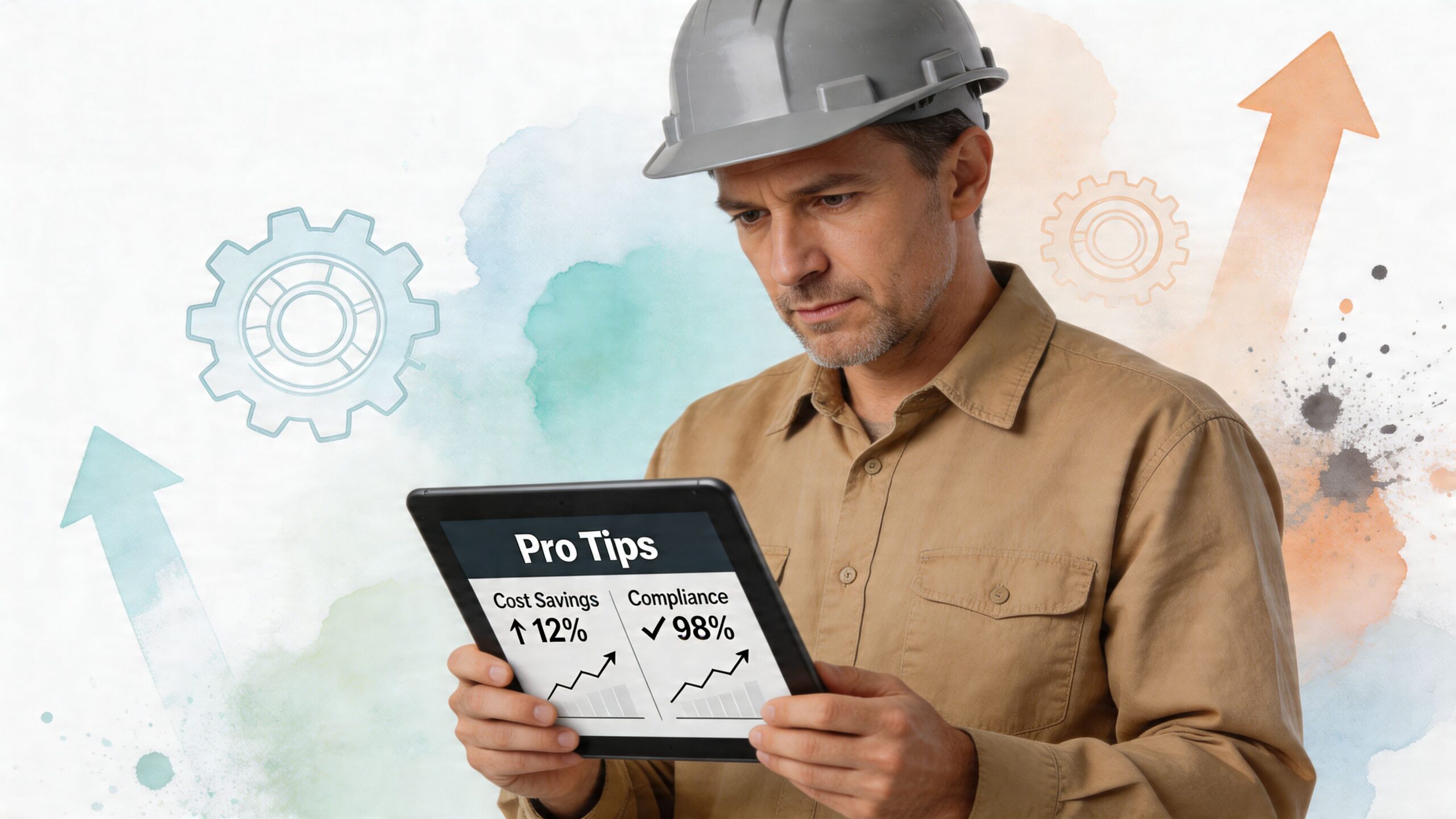 A construction manager in a hard hat reviews project cost savings and compliance metrics on a digital tablet.