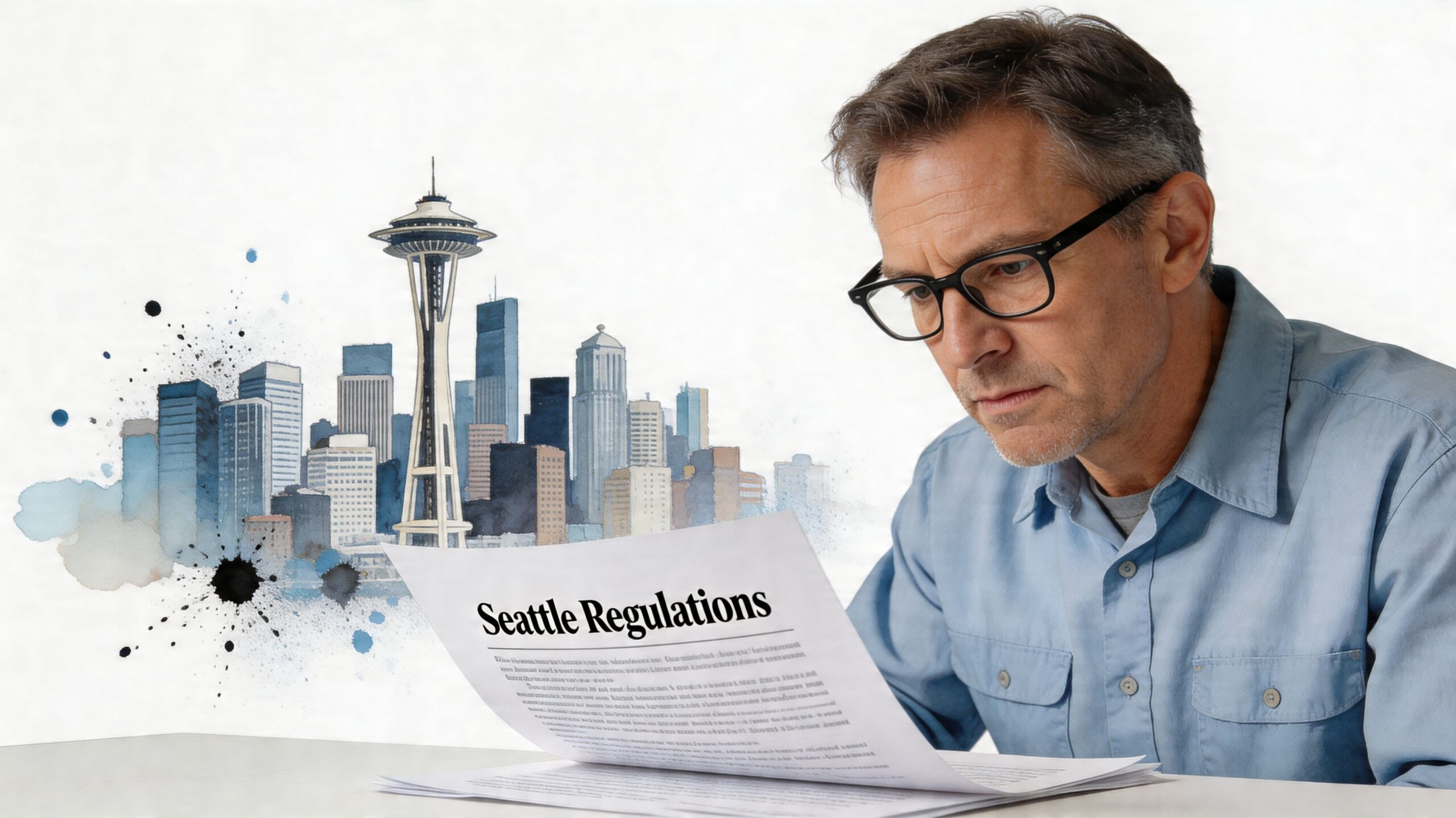 A man in glasses carefully reading a document titled Seattle Regulations with a sketched Seattle skyline backdrop.