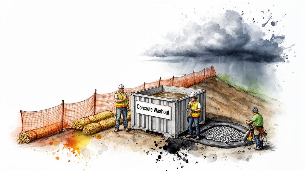 A construction site with workers, a concrete washout bin, erosion control fence, and stormy skies.