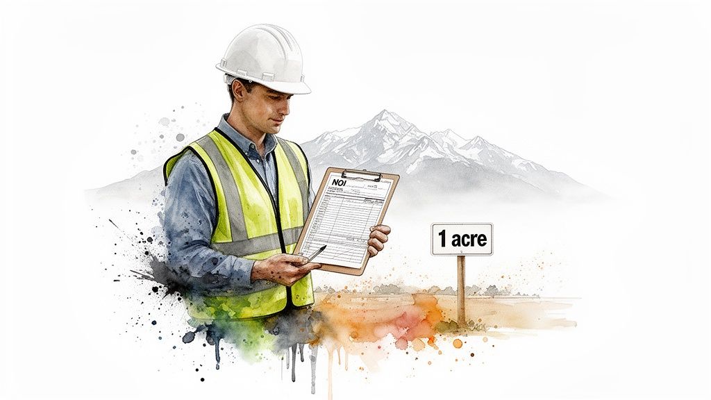 A male surveyor in a hard hat and safety vest holds a clipboard near a '1 acre' sign with mountains.