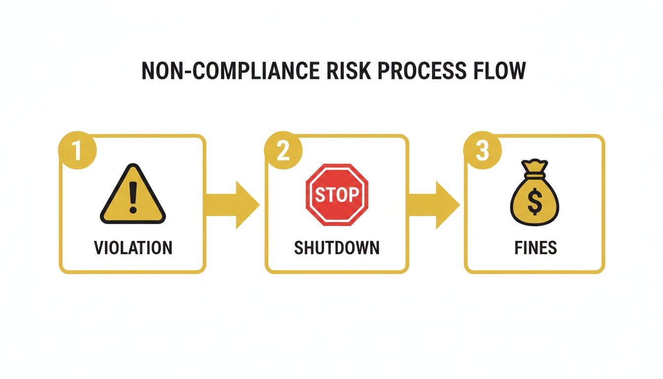 Flowchart illustrating the non-compliance risk process: violation, leading to shutdown, and then fines.
