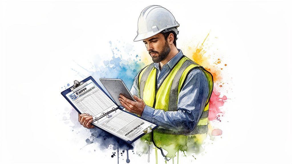 Watercolor illustration of a construction worker in a hard hat and safety vest reviewing documents on a clipboard and tablet.
