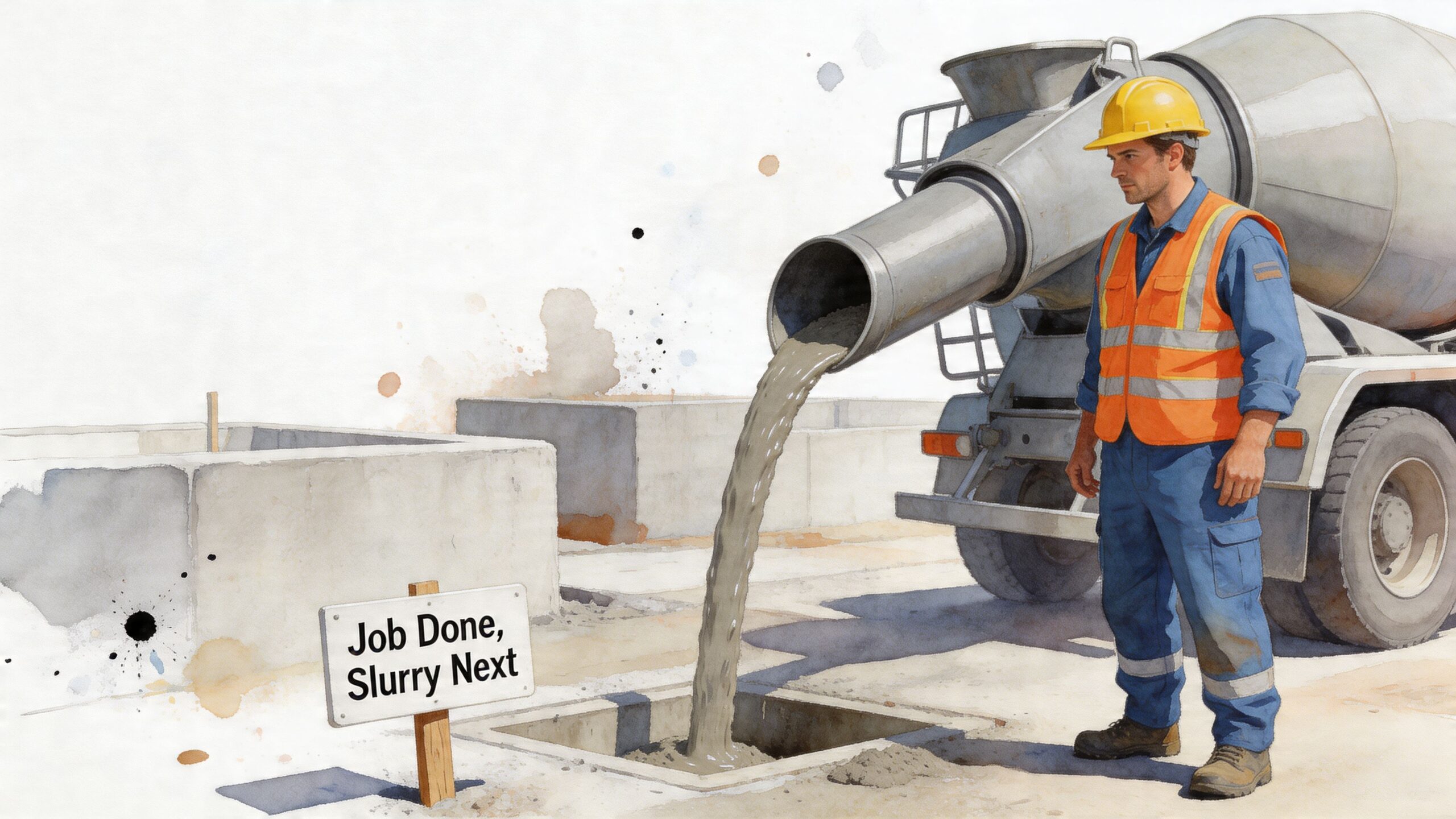A construction worker stands beside a cement mixer truck pouring concrete into an underground utility box.