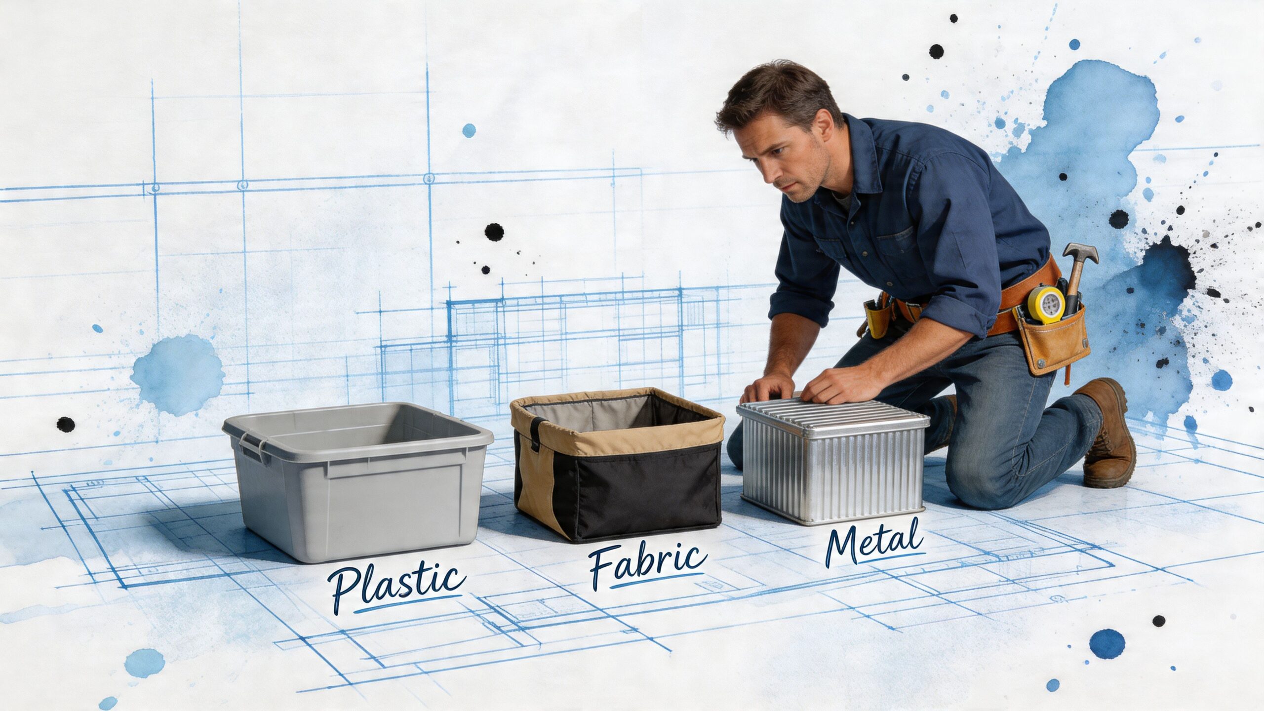 A man in work clothes kneels on a blueprint, organizing three containers labeled plastic, fabric, and metal.