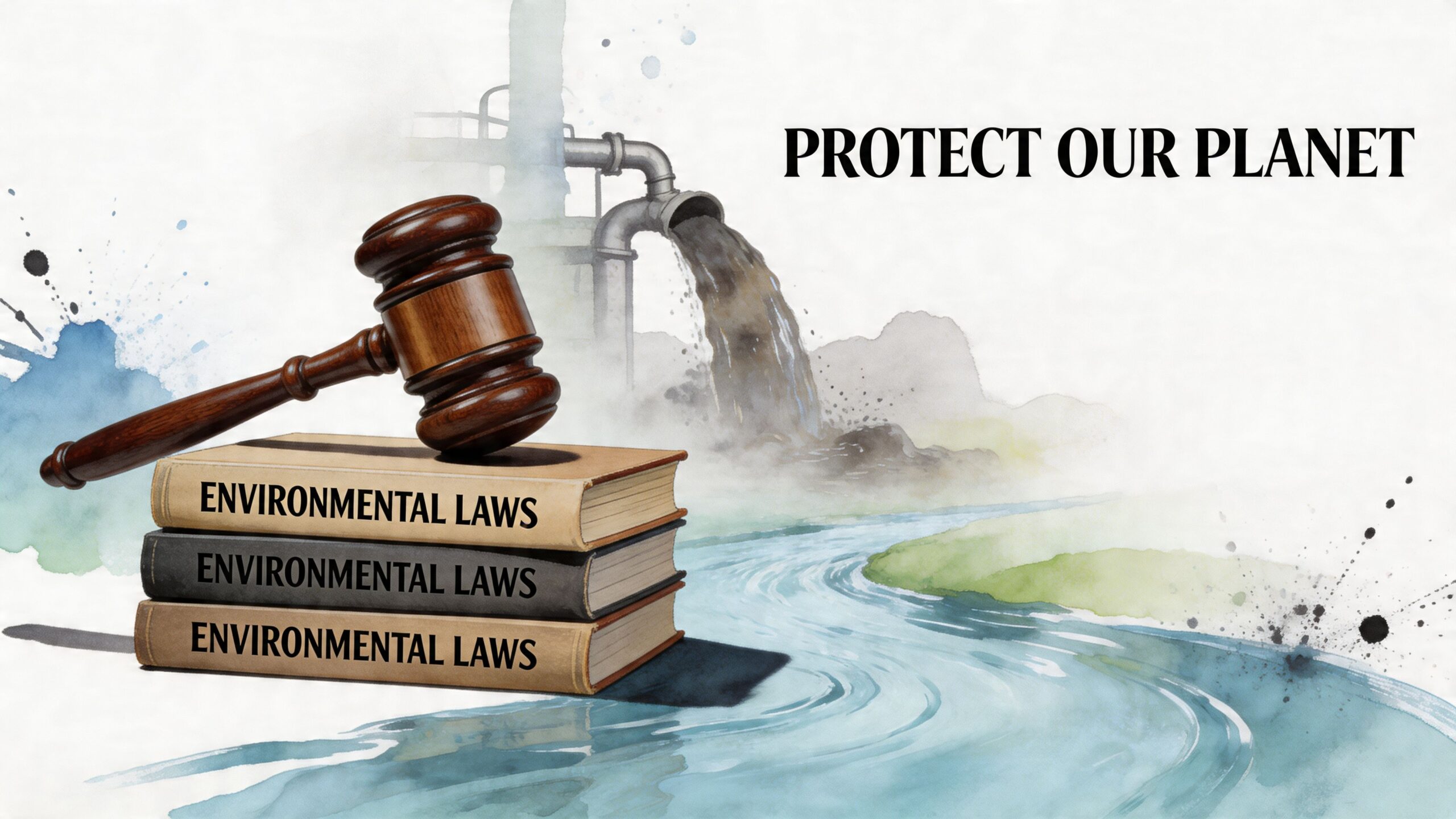 A wooden gavel resting on a stack of books titled Environmental Laws beside a polluted river.