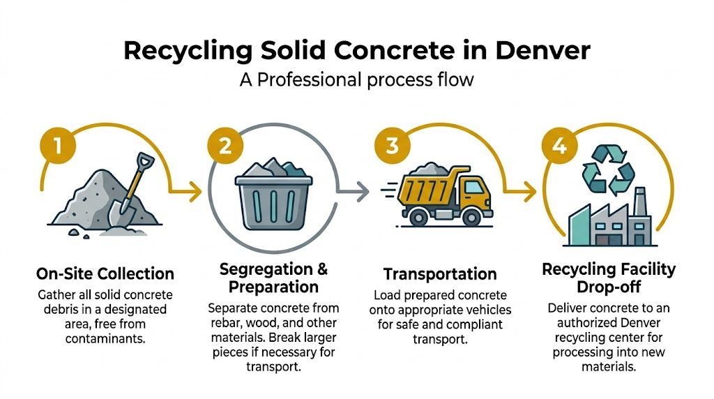 A four-step infographic illustrating the professional process of recycling solid concrete debris in Denver, Colorado.