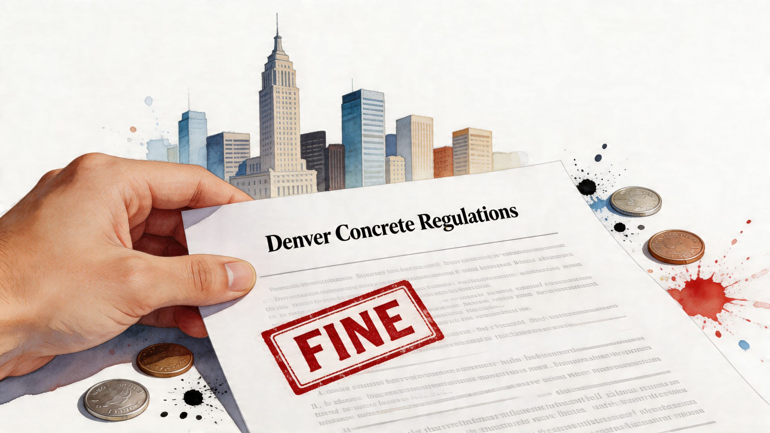 A hand holding a document titled Denver Concrete Regulations with a large red fine stamp on it.