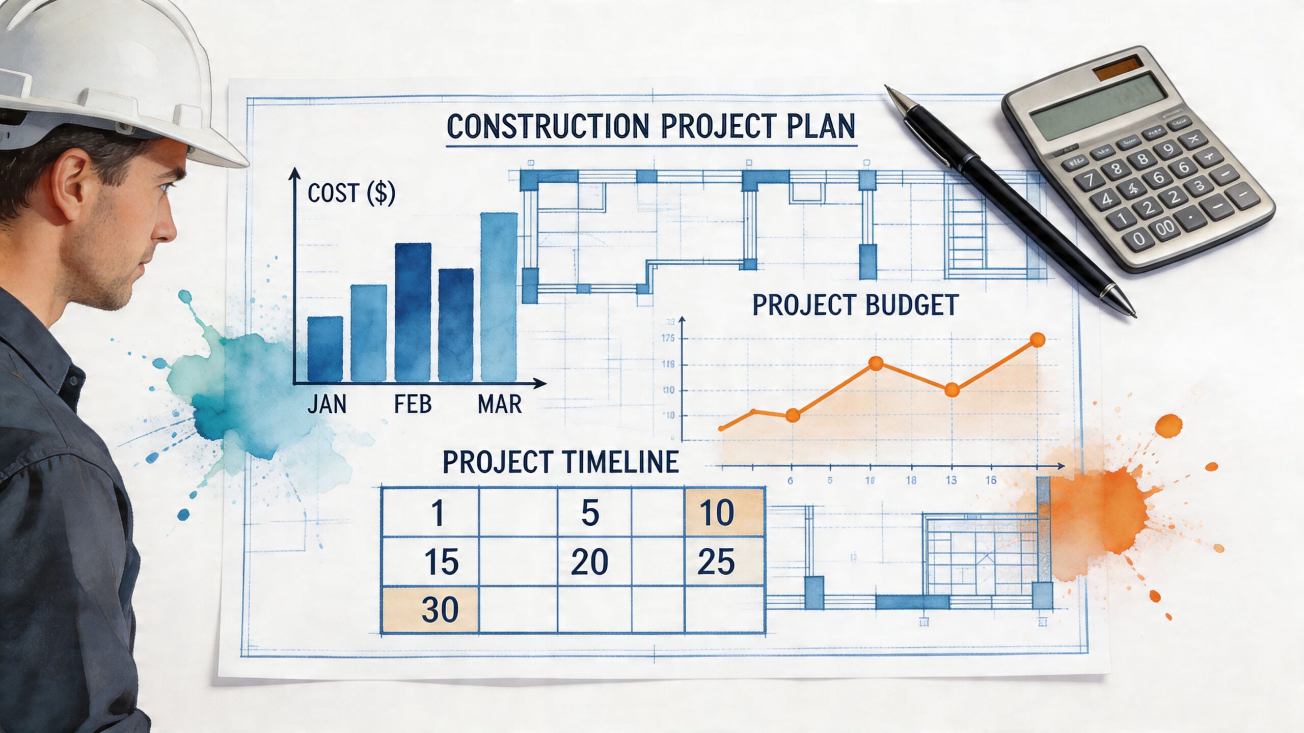 A construction engineer in a hard hat reviews a detailed project plan with charts and diagrams.