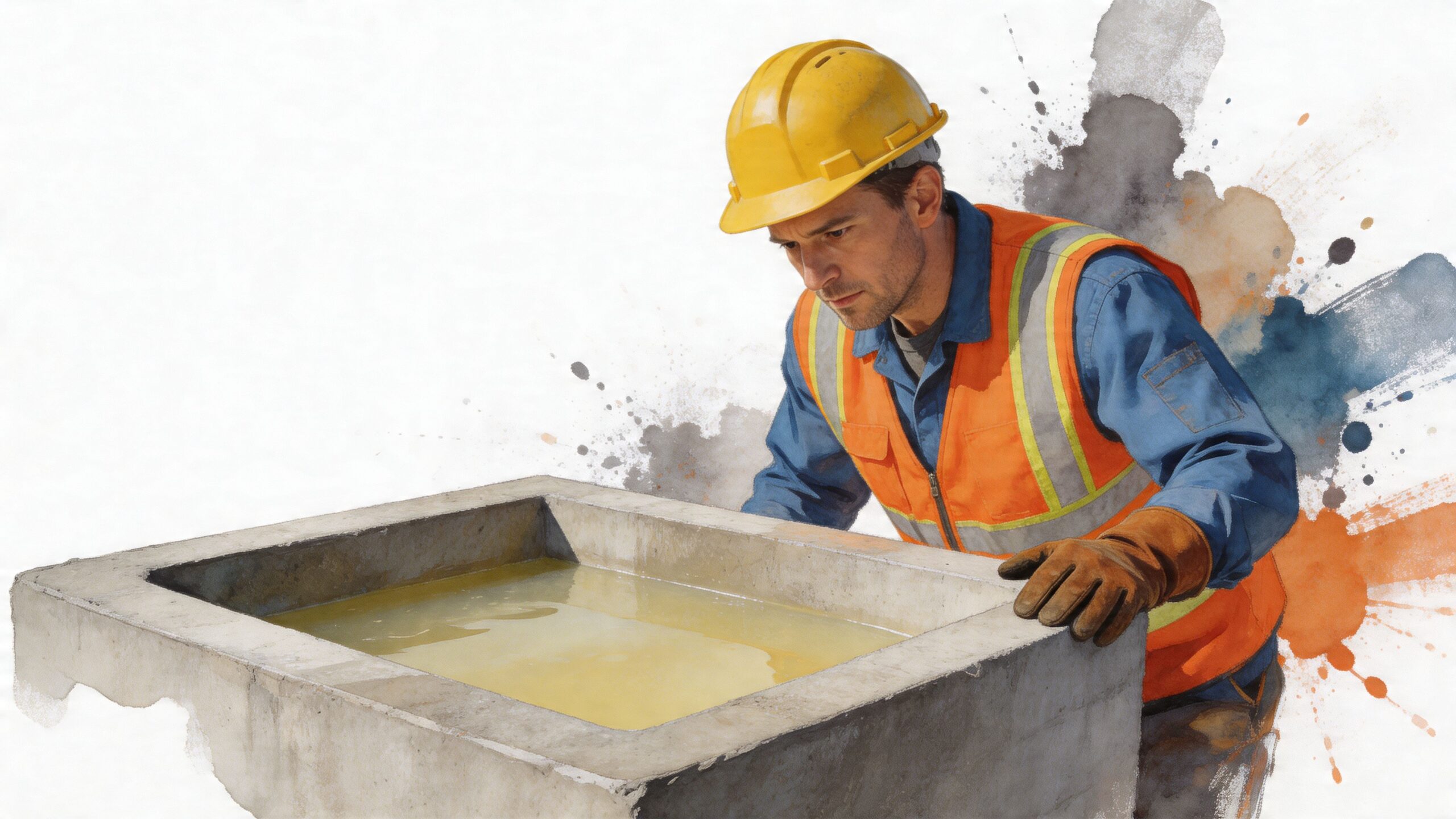 A construction worker in a hard hat and safety vest inspecting a concrete basin filled with water.