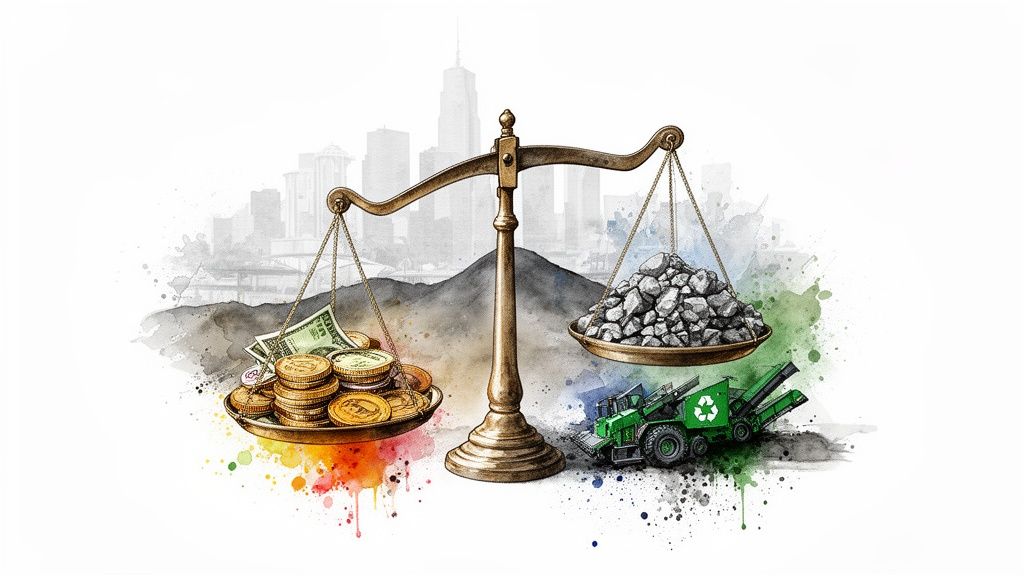 A scale balances money against rocks and a recycling machine, set against a watercolor city.