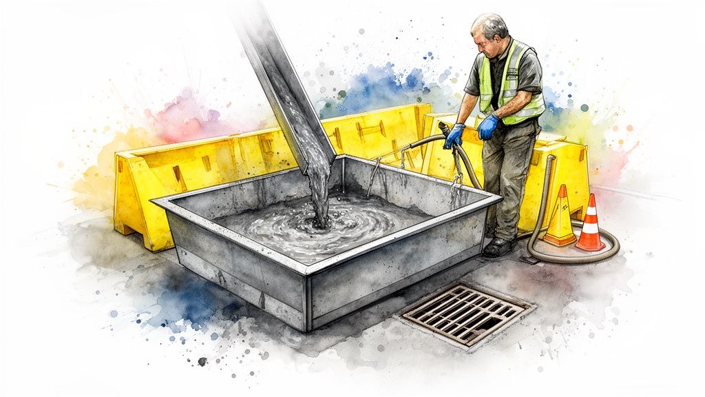 Watercolor illustration of a worker managing concrete slurry disposal in a large metal container at a construction site.