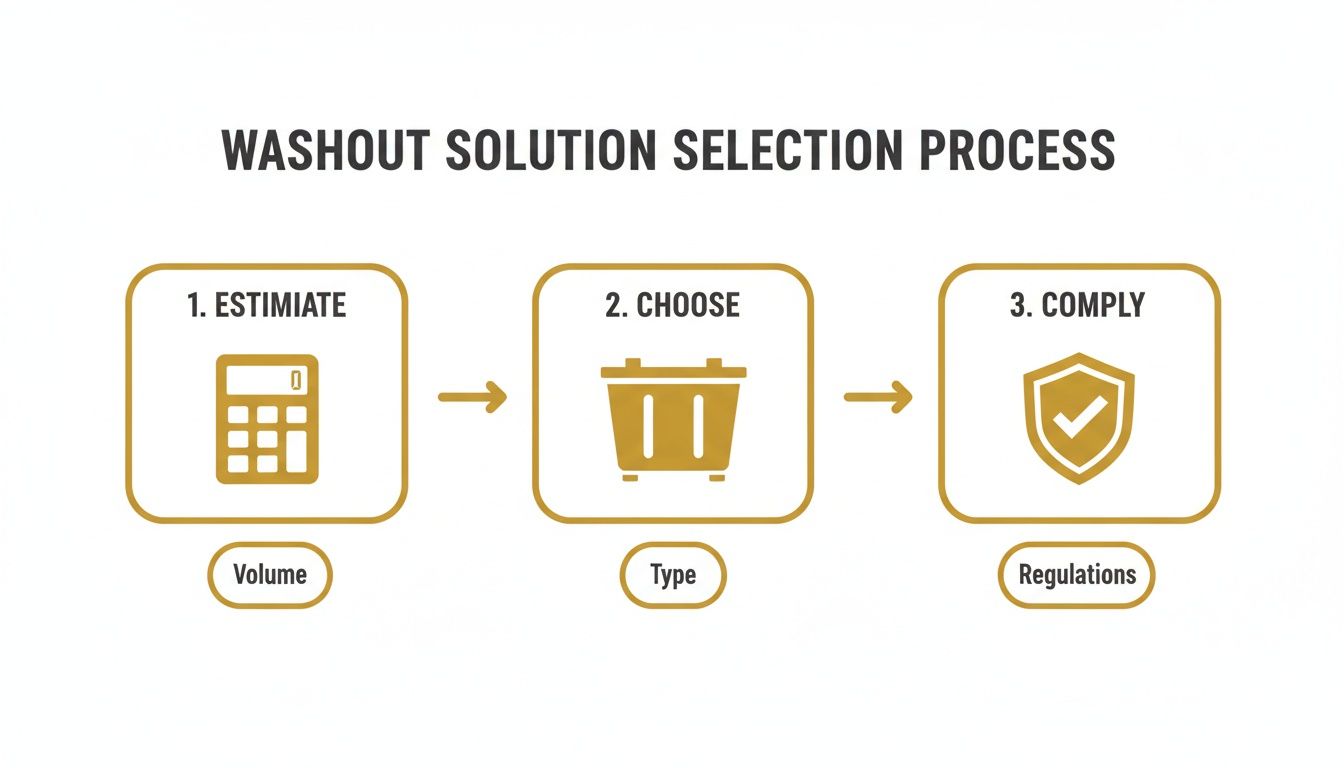 A three-step process graphic for washout solution selection: estimate volume, choose type, and comply with regulations.