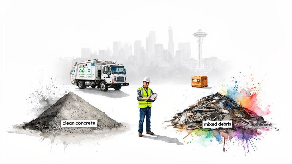 A construction worker oversees piles of clean concrete and mixed debris, with a waste truck and Seattle skyline.