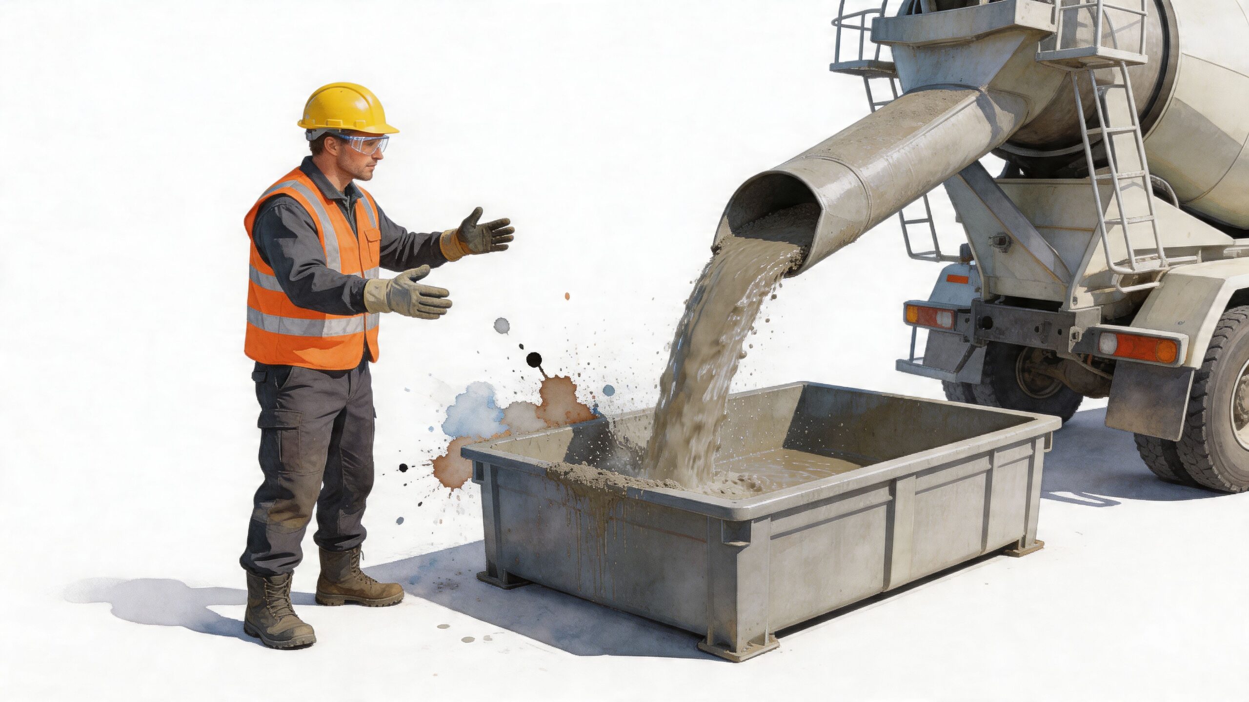 A construction worker in safety gear directs concrete being poured from a truck into a wash-out container.