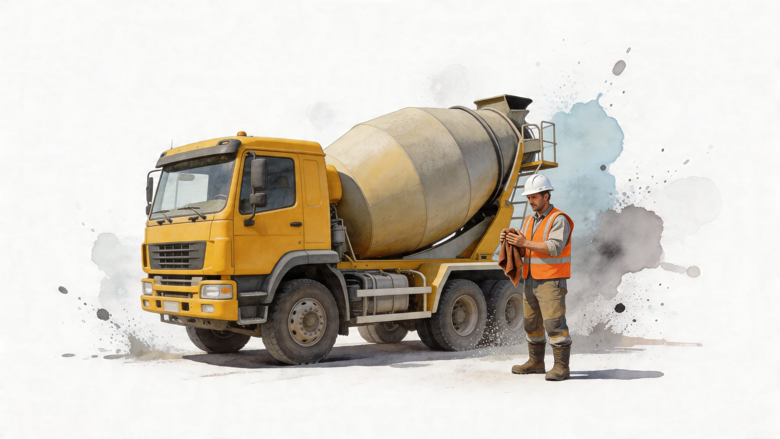 A construction worker standing next to a yellow concrete mixer truck while holding a cleaning cloth.
