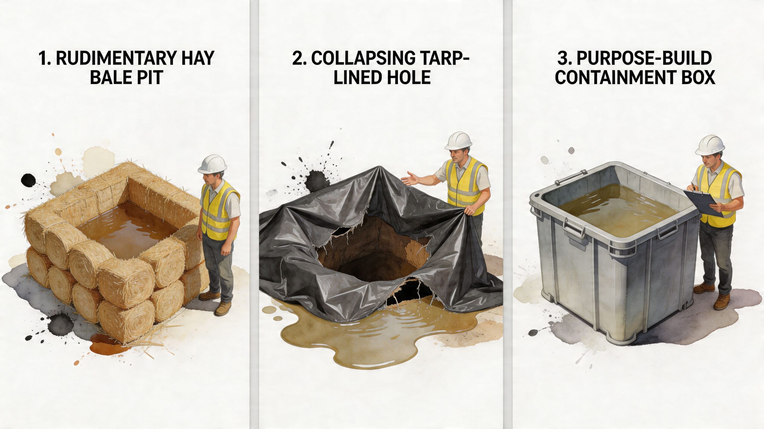 A comparison illustration showing three methods for managing concrete truck washout on construction sites.