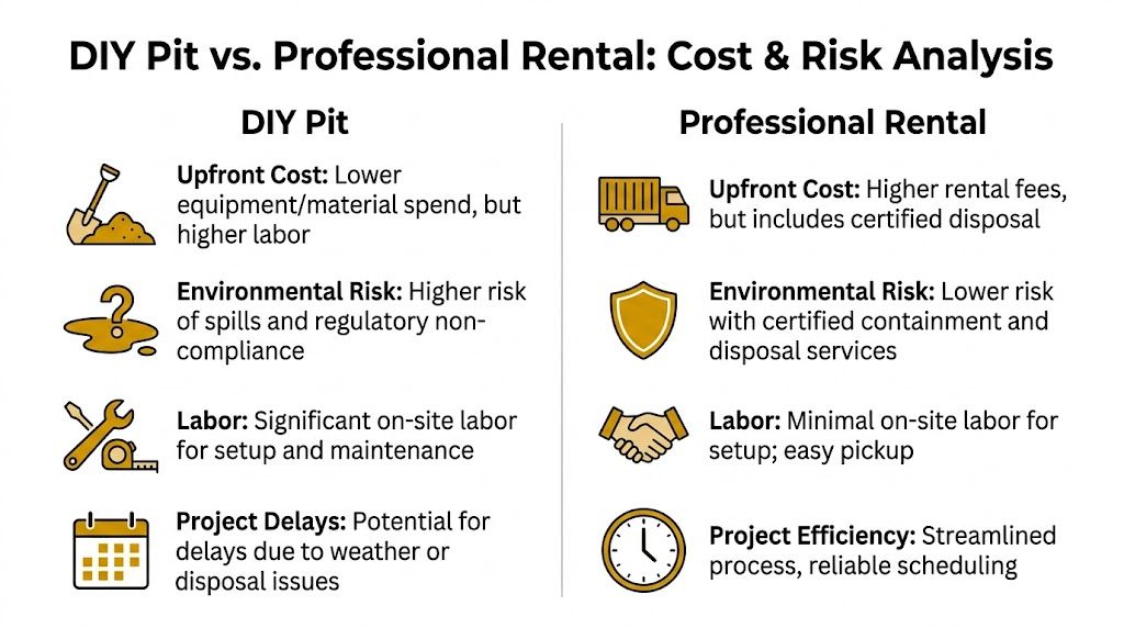 A comparison chart outlining the cost, labor, risk, and efficiency differences between DIY pits and professional rental services.