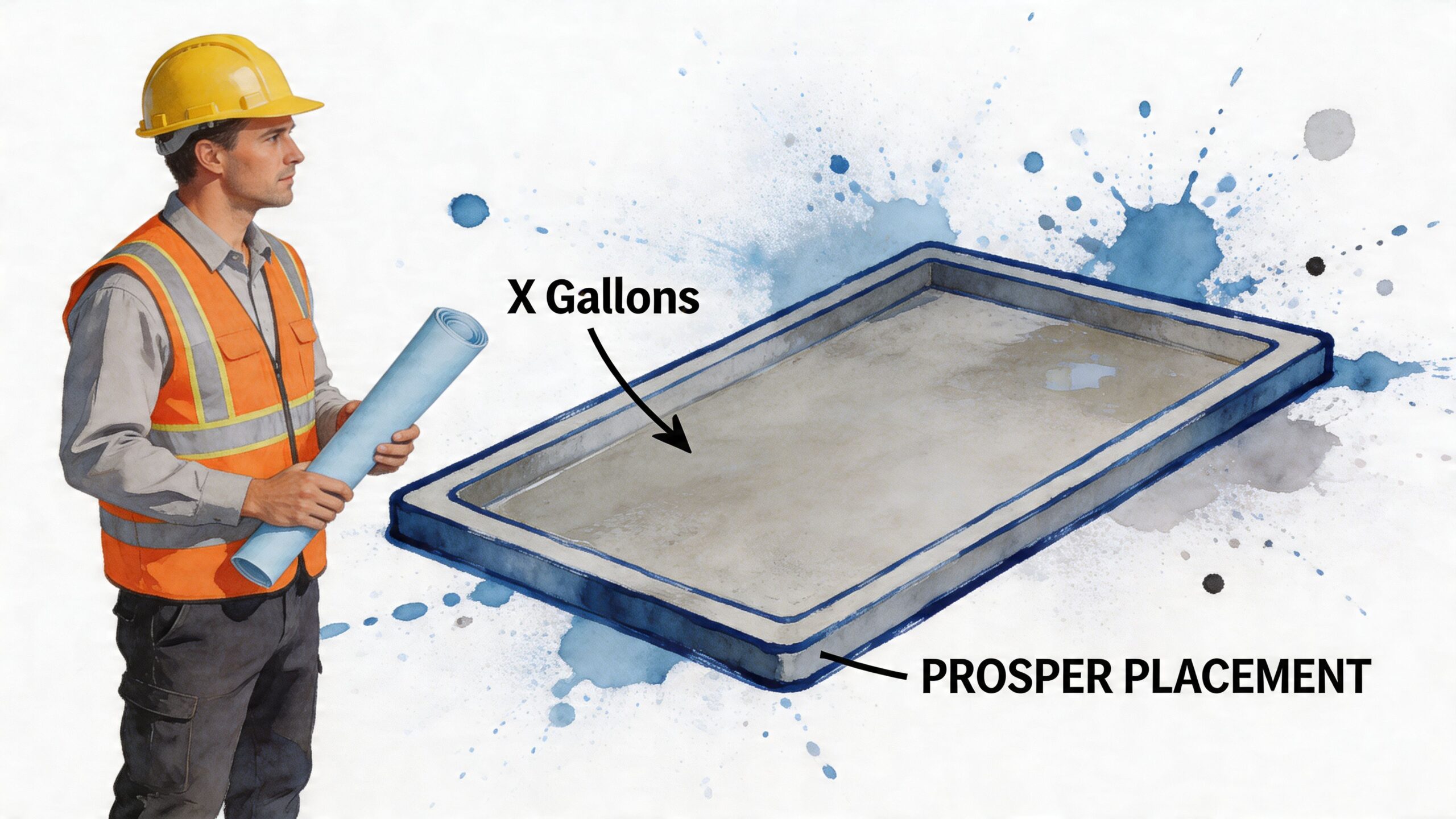 A construction worker holding blueprints near a concrete washout area with liquid capacity labels.