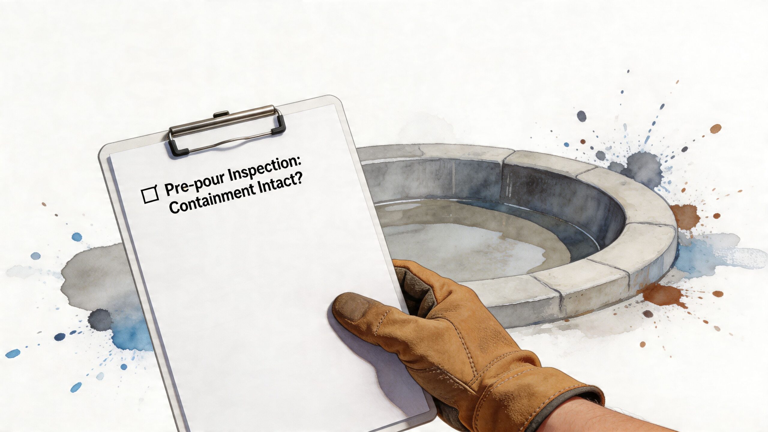 A gloved hand holds a clipboard with a pre-pour inspection checklist in front of a concrete washout.