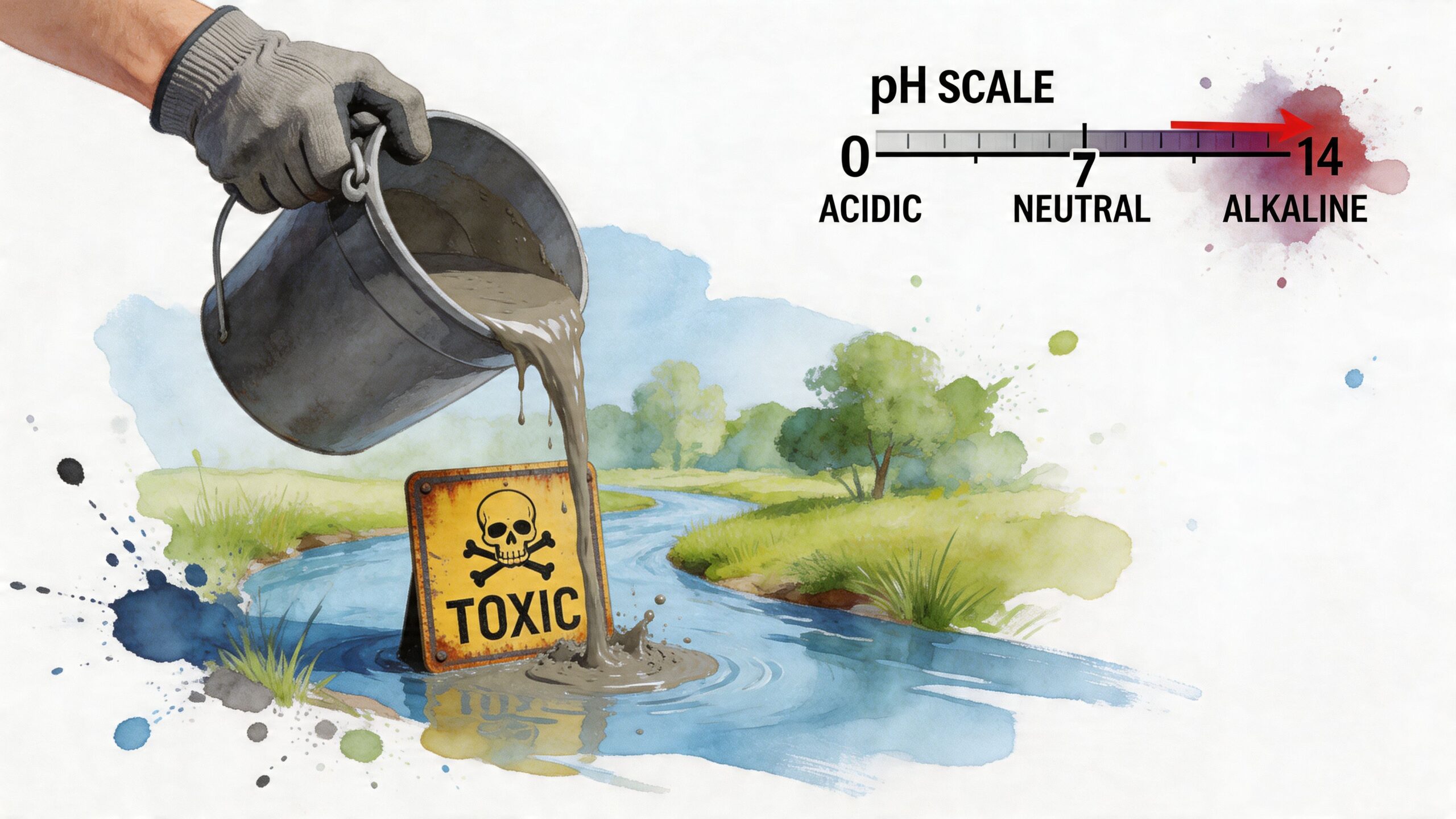 A gloved hand pouring toxic concrete washout into a river next to a warning sign.