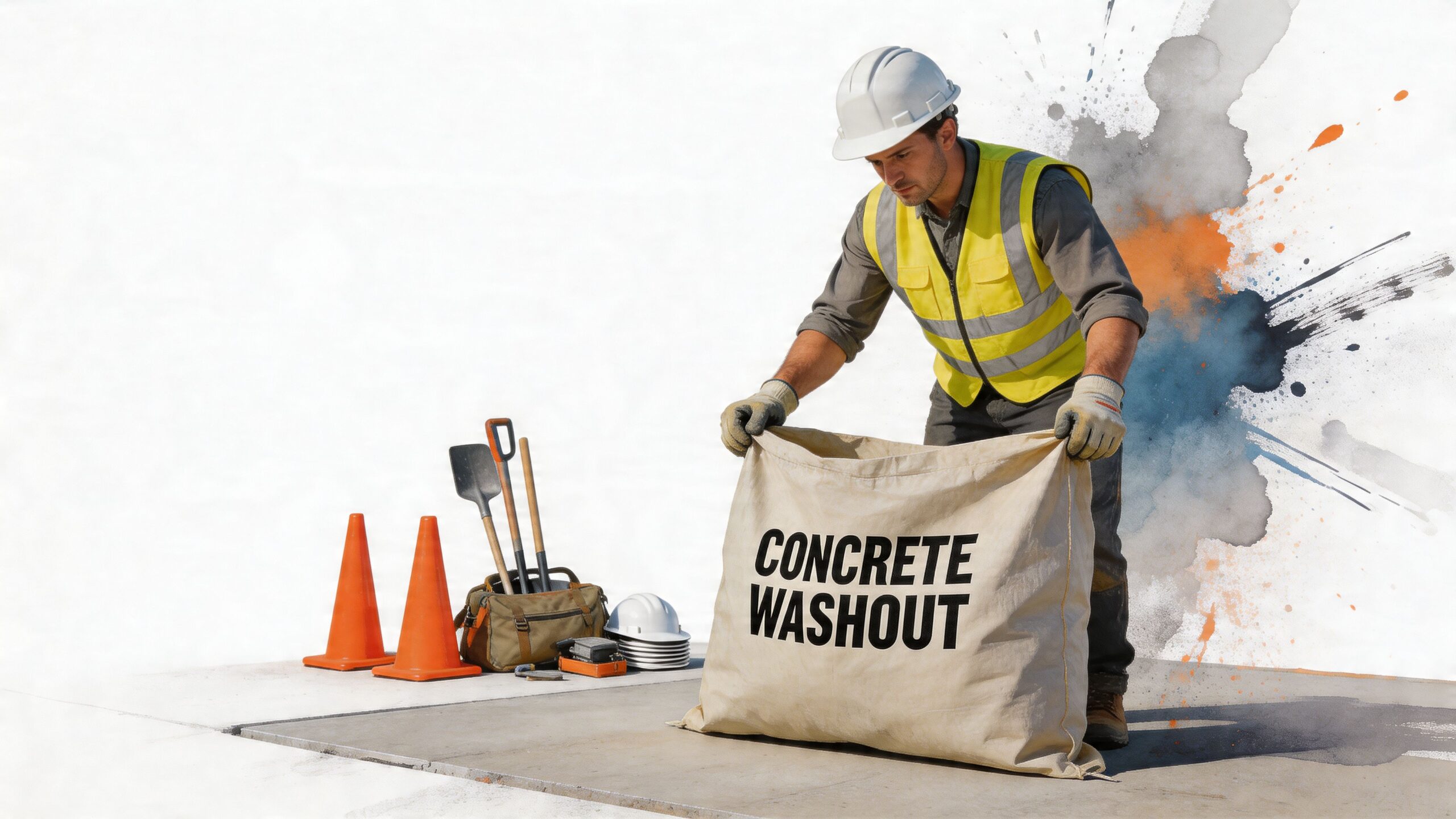 A construction worker in a safety vest and hard hat opens a large concrete washout bag on-site.