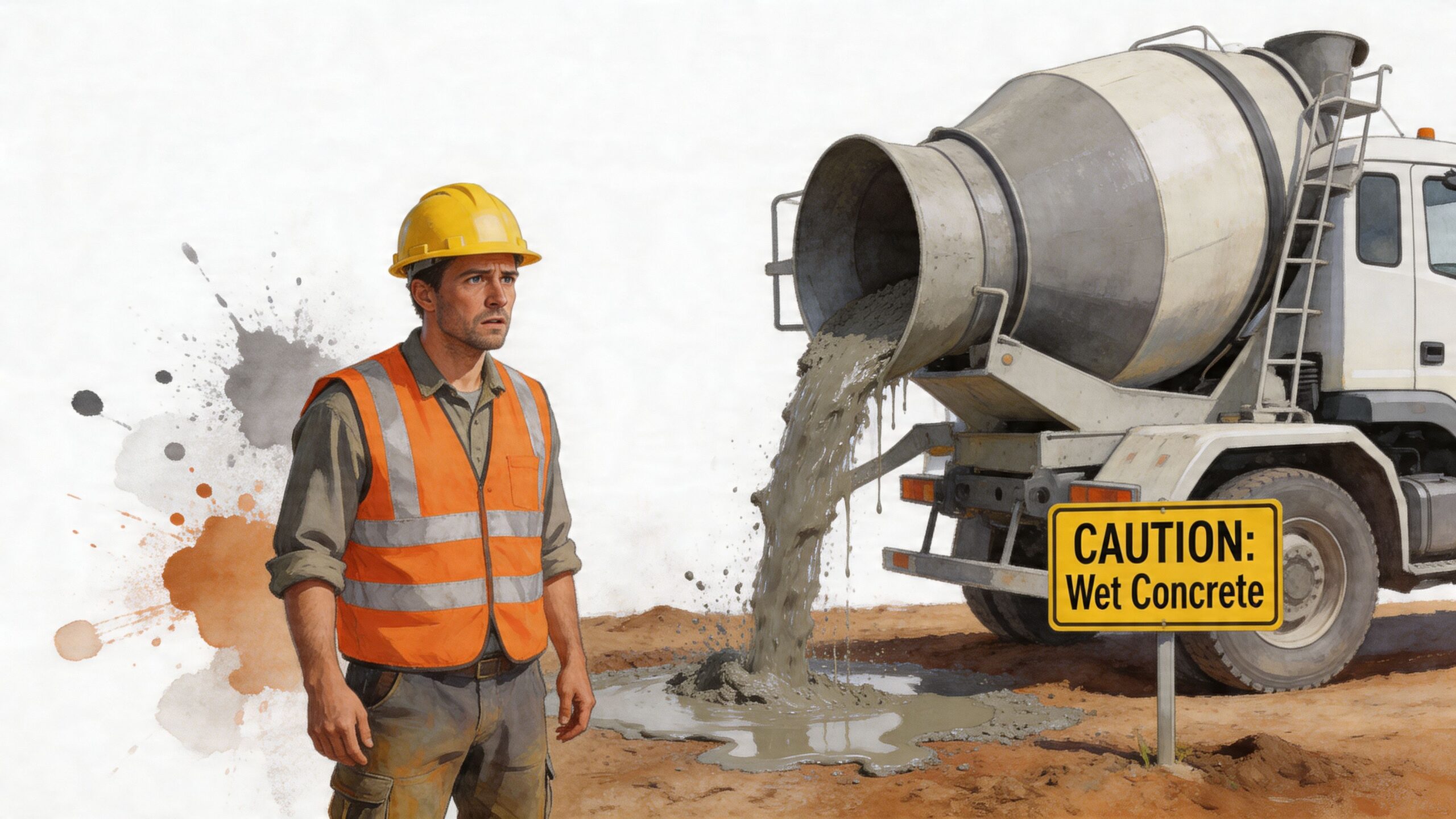A construction worker in a safety vest and hard hat standing near a concrete mixing truck pouring cement.