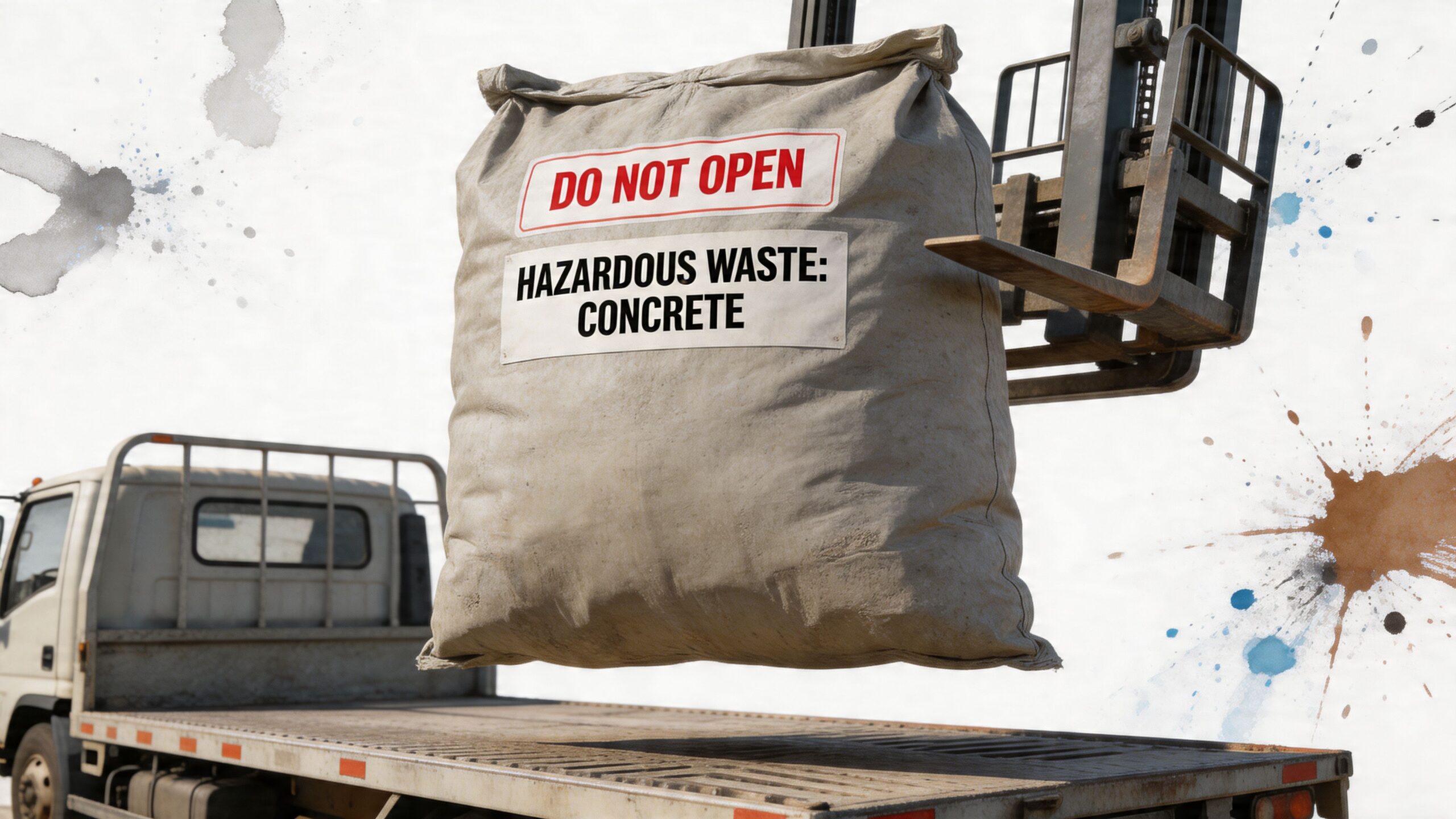 A forklift lifting a large bag labeled hazardous waste concrete above the bed of a flatbed truck.