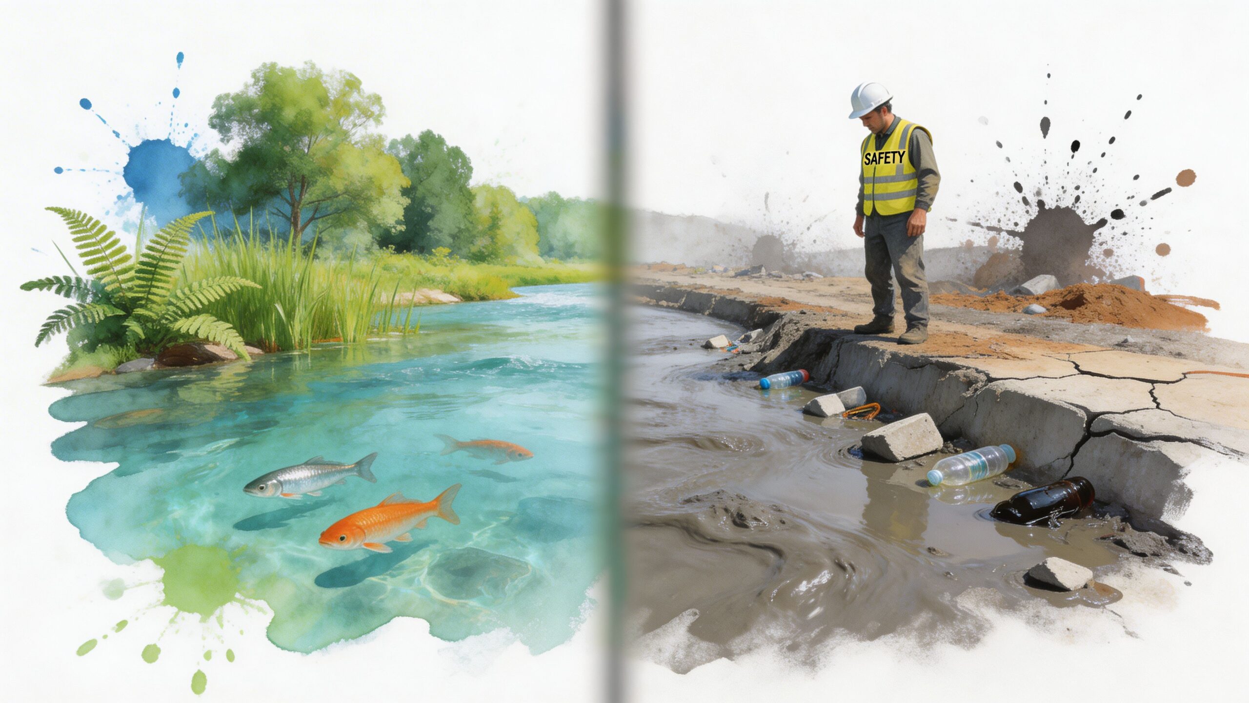 A split image showing a clean river with fish on the left and a polluted waterway on right.