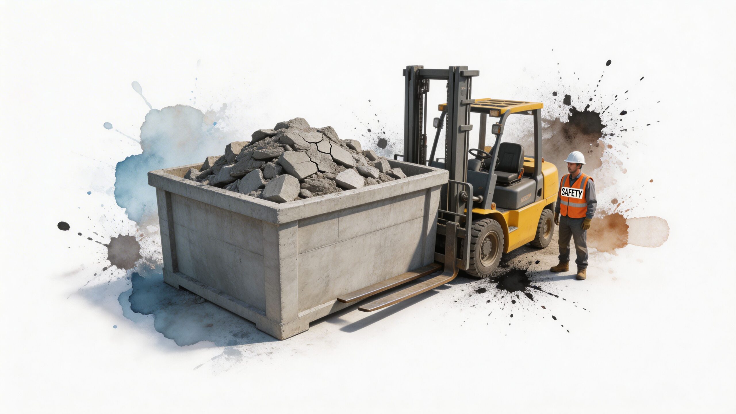 A yellow forklift carrying a large concrete washout box filled with rubble next to a safety worker.