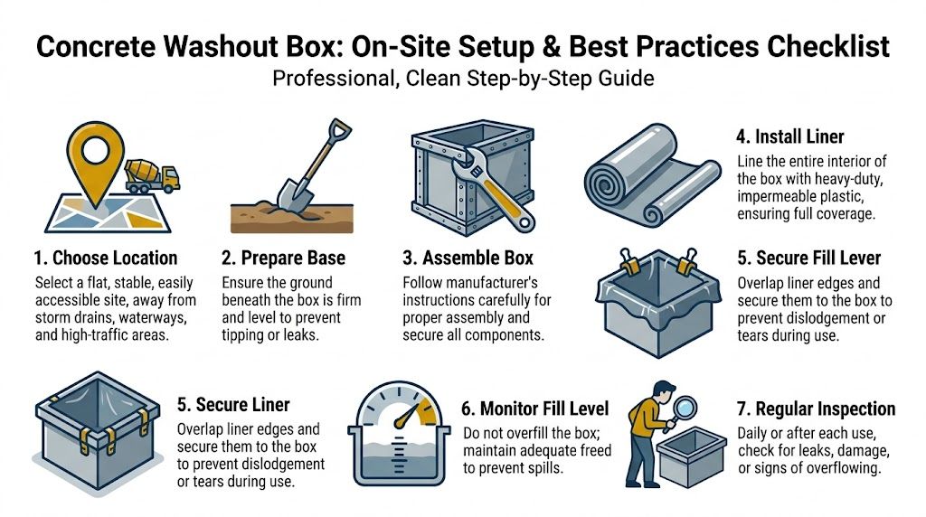 A professional infographic illustrating the seven-step setup and maintenance guide for a concrete washout box.