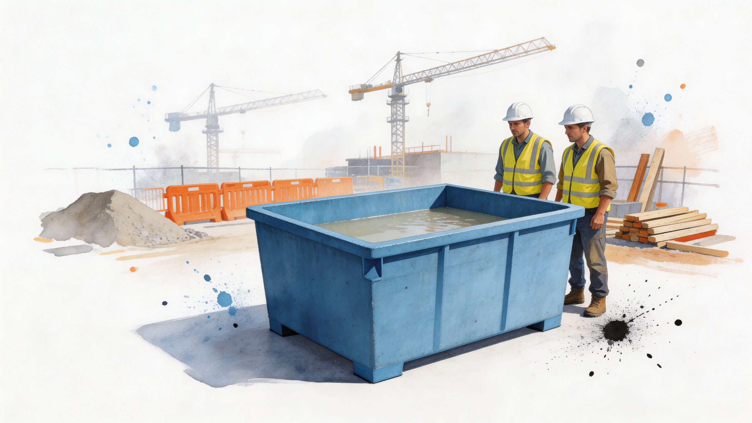 Two construction workers stand next to a large blue concrete washout container on a dusty job site.
