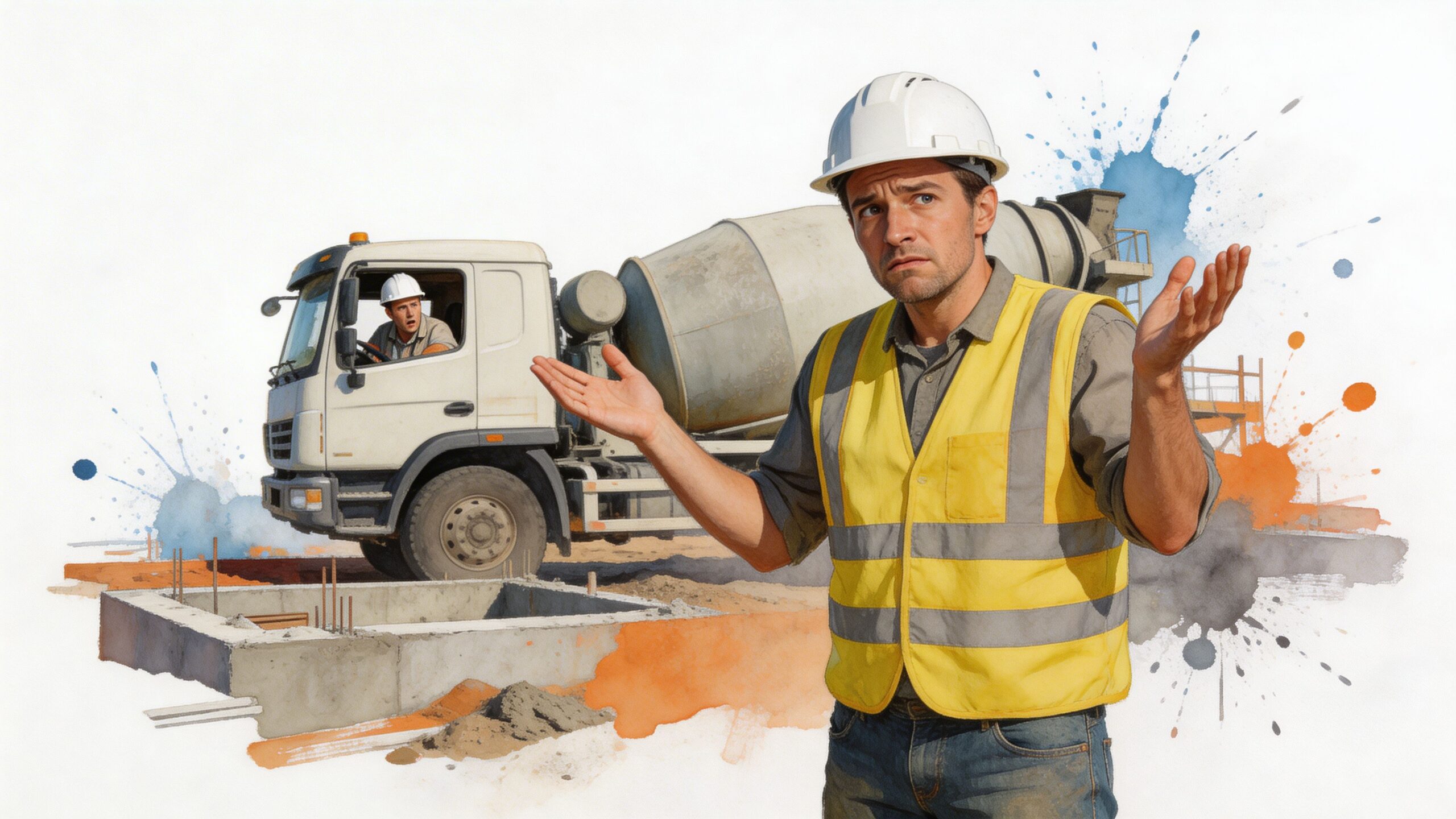 A construction worker in a high-visibility vest gestures in frustration beside a parked cement truck on site.