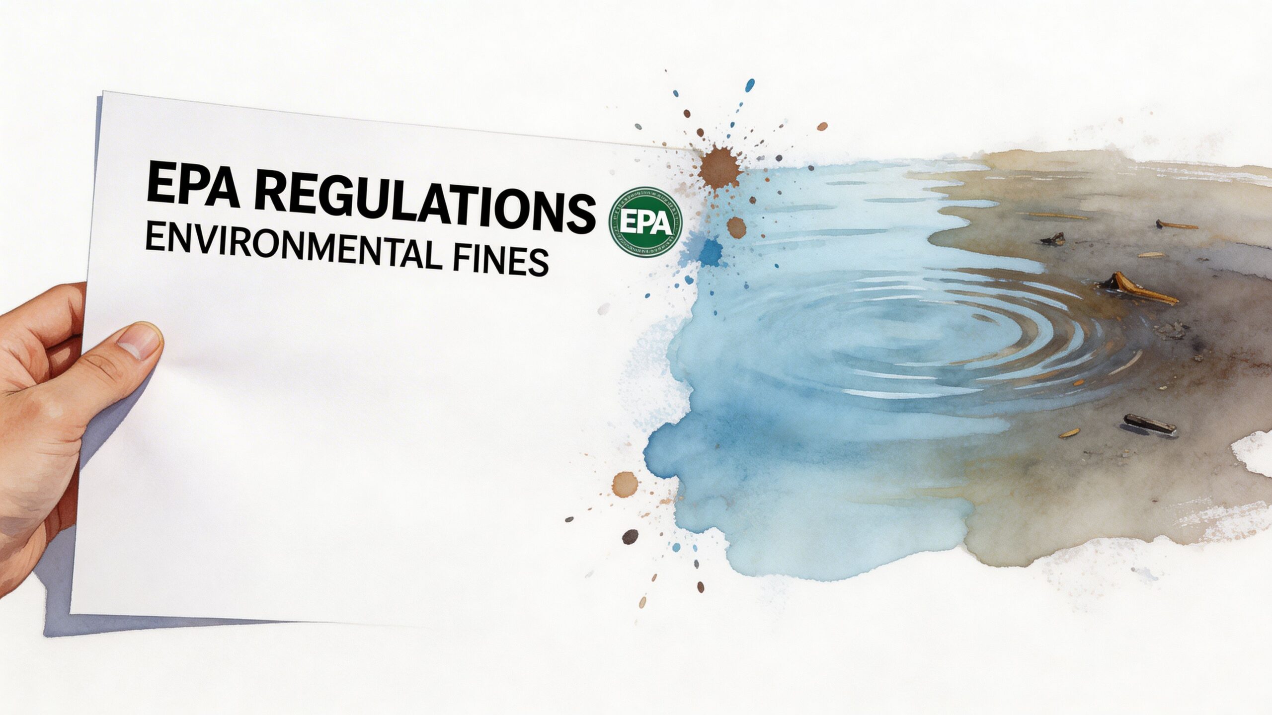 A hand holding a document about EPA regulations and environmental fines with a water pollution illustration.
