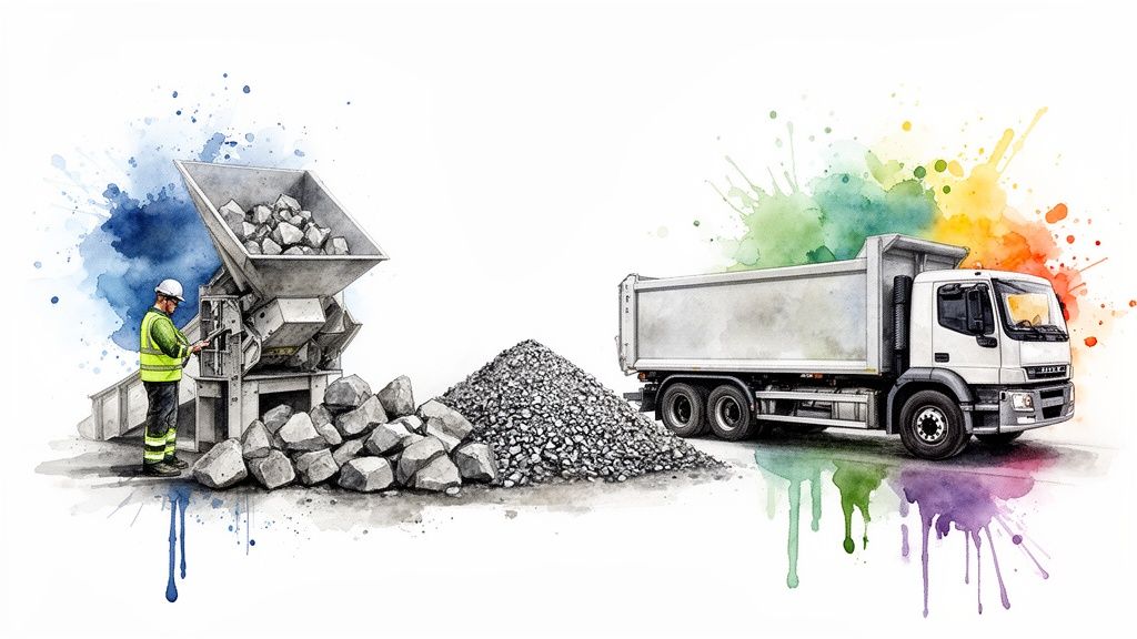 Watercolor illustration of a worker operating a rock crusher, producing gravel for a waiting dump truck.