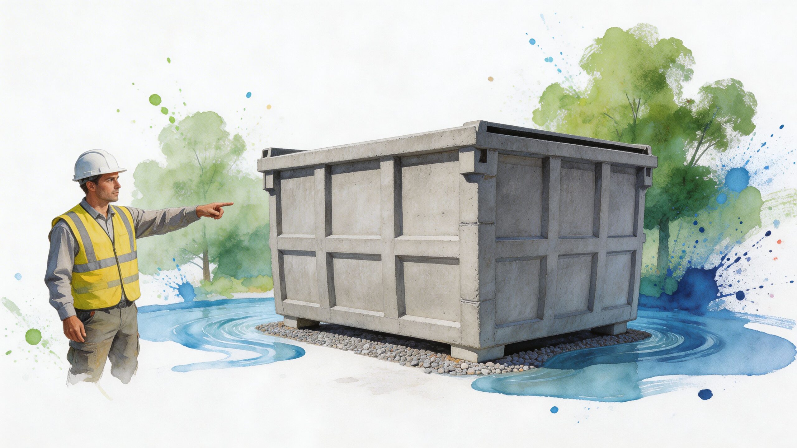 A construction worker in a hard hat and safety vest pointing toward a large concrete washout dumpster.