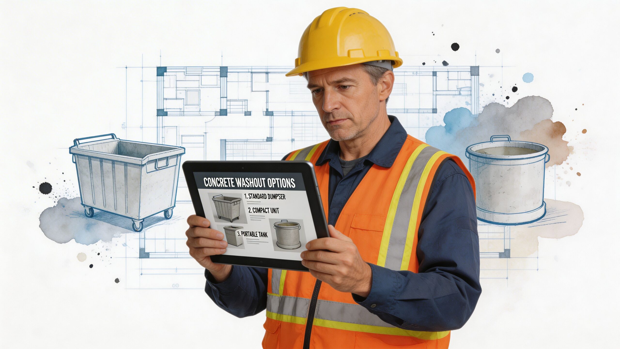 A construction worker in a safety vest and yellow hard hat examines concrete washout options on a tablet.
