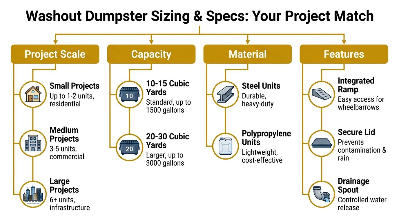 A chart detailing washout dumpster sizing and specifications based on project scale, capacity, materials, and features.