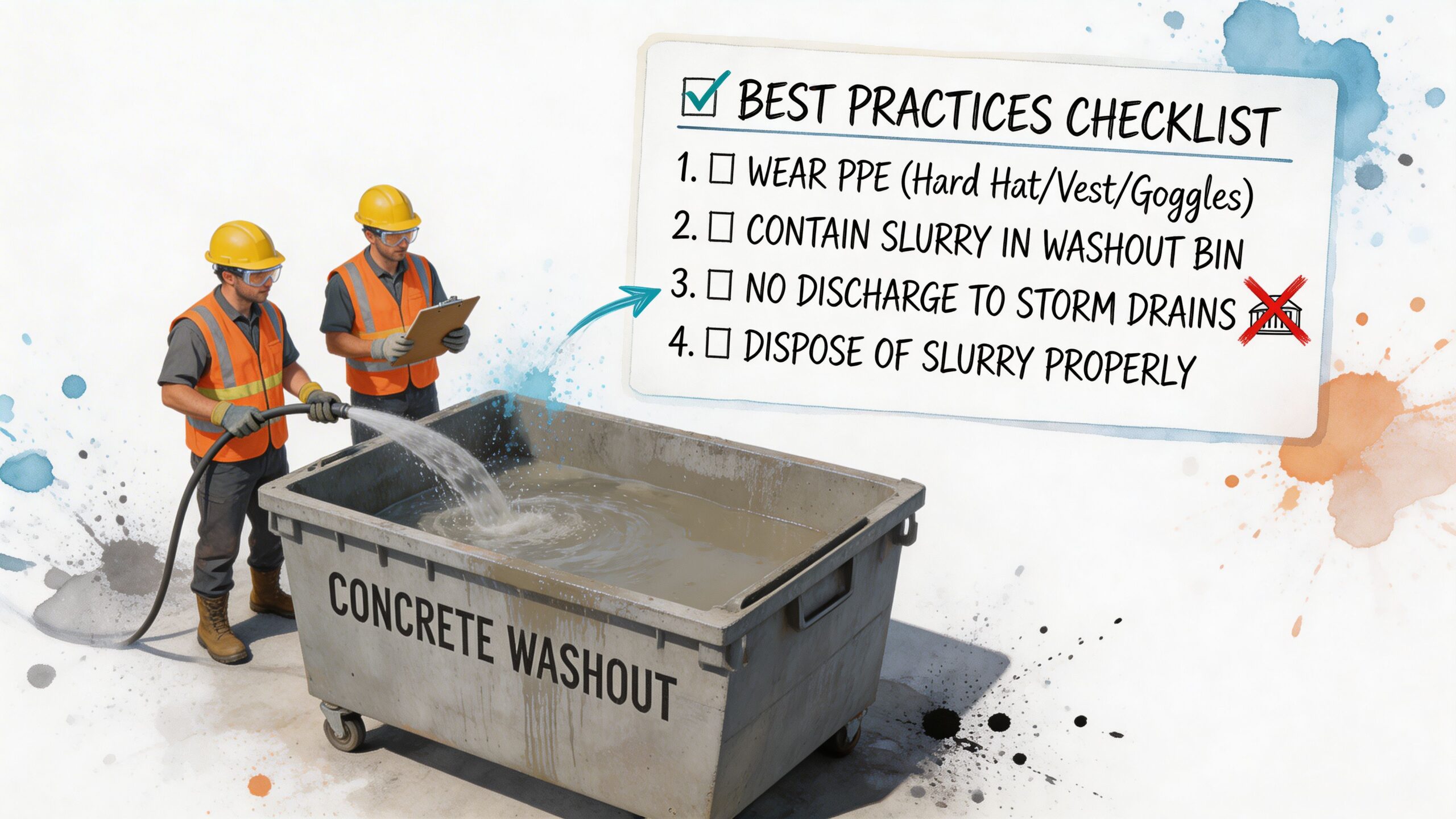 Two construction workers perform safe concrete washout procedures into a large container following a best practices checklist.