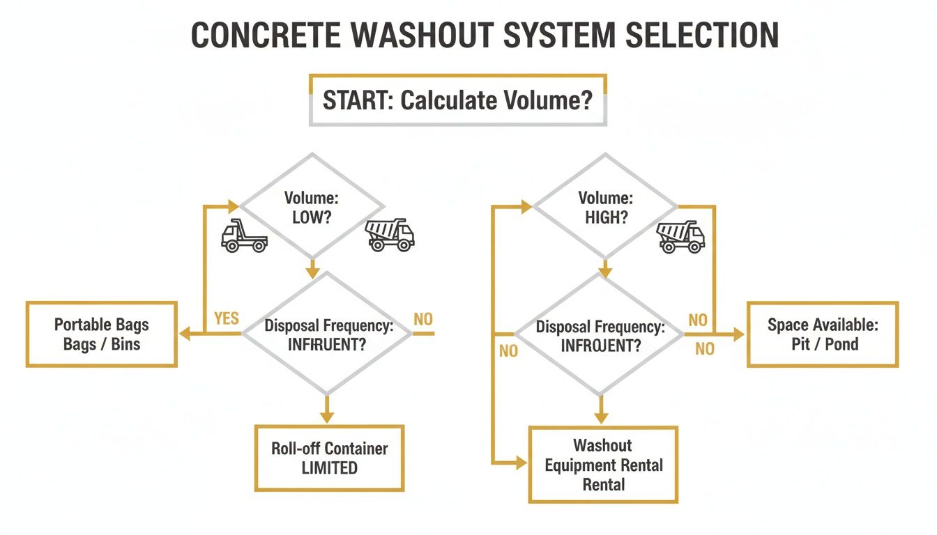 Flowchart detailing concrete washout system selection based on volume, disposal frequency, and available space.