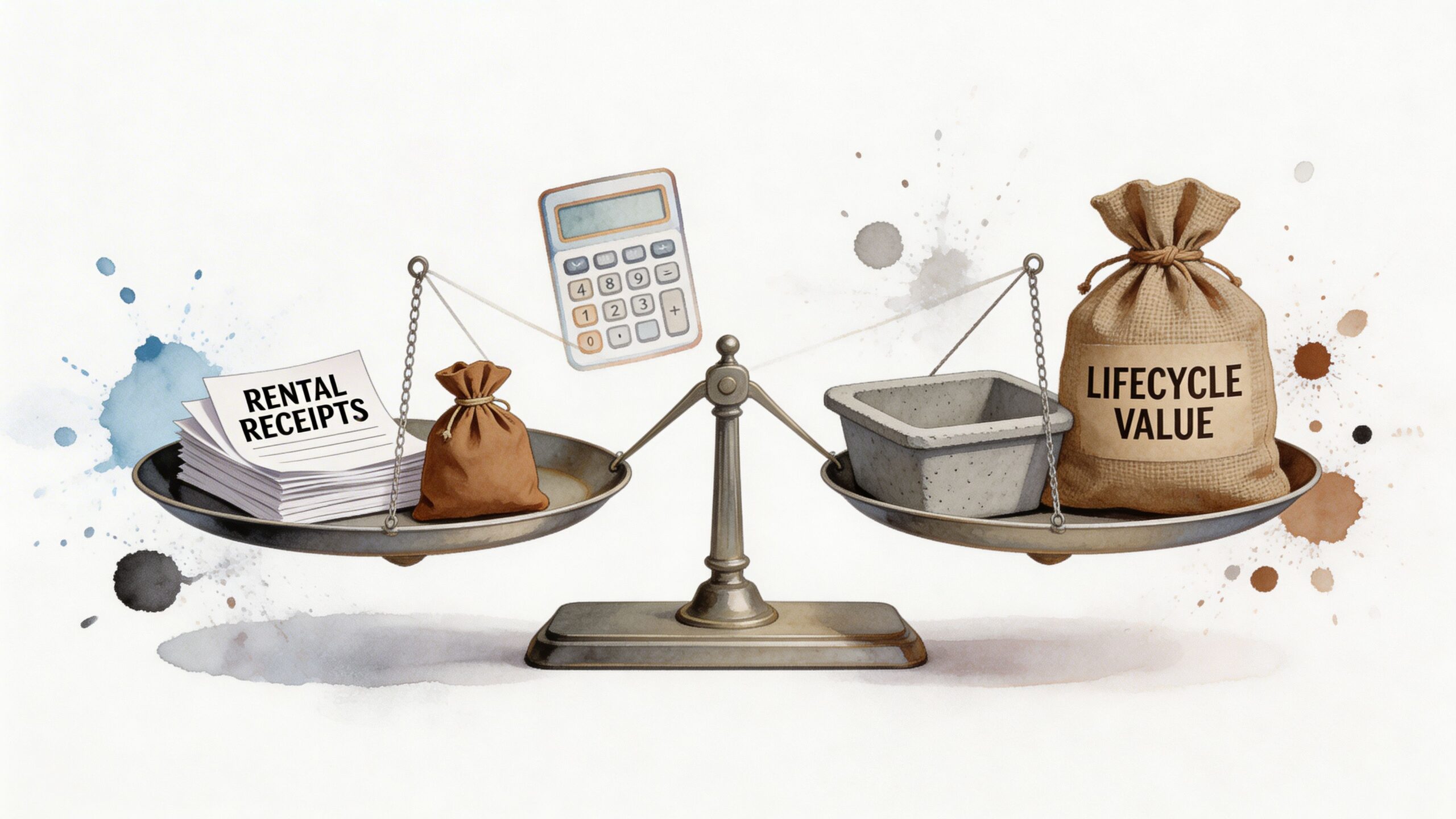 A conceptual balance scale weighing paper rental receipts against concrete washout pans and lifecycle value.
