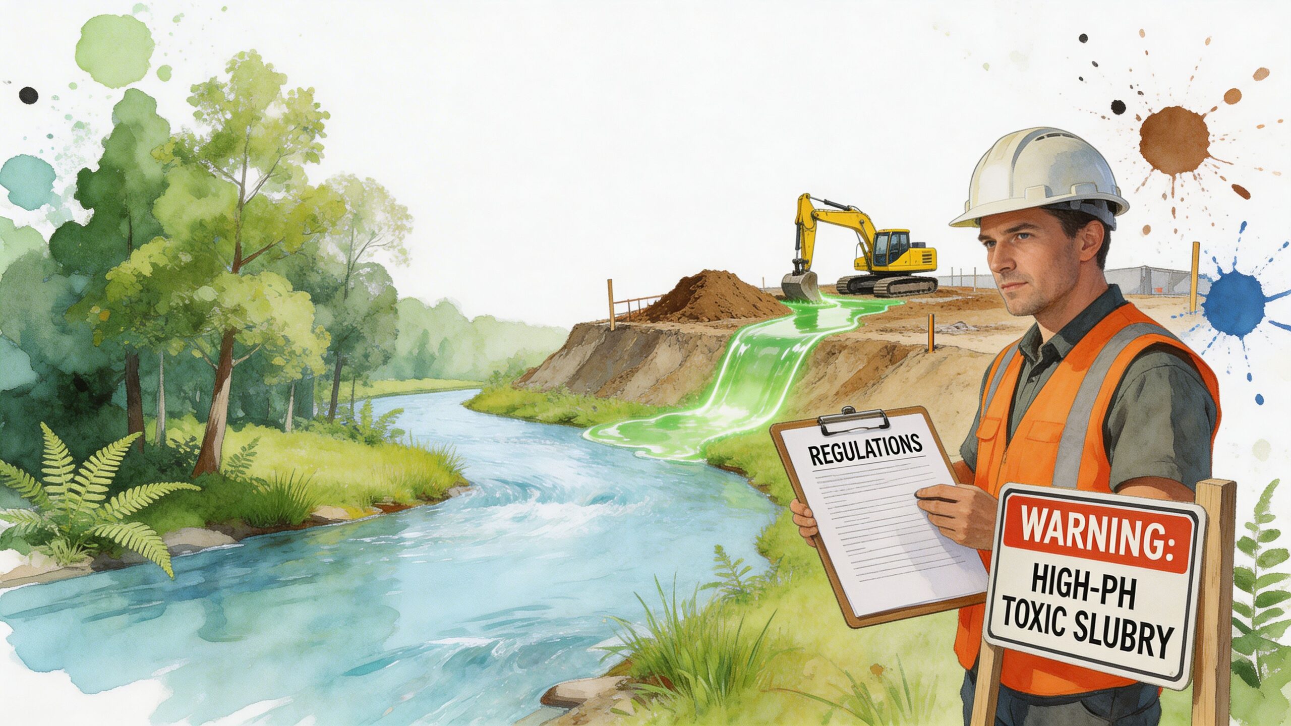 A construction worker holds regulations near a sign warning of high-pH toxic slurry leaking into a river.