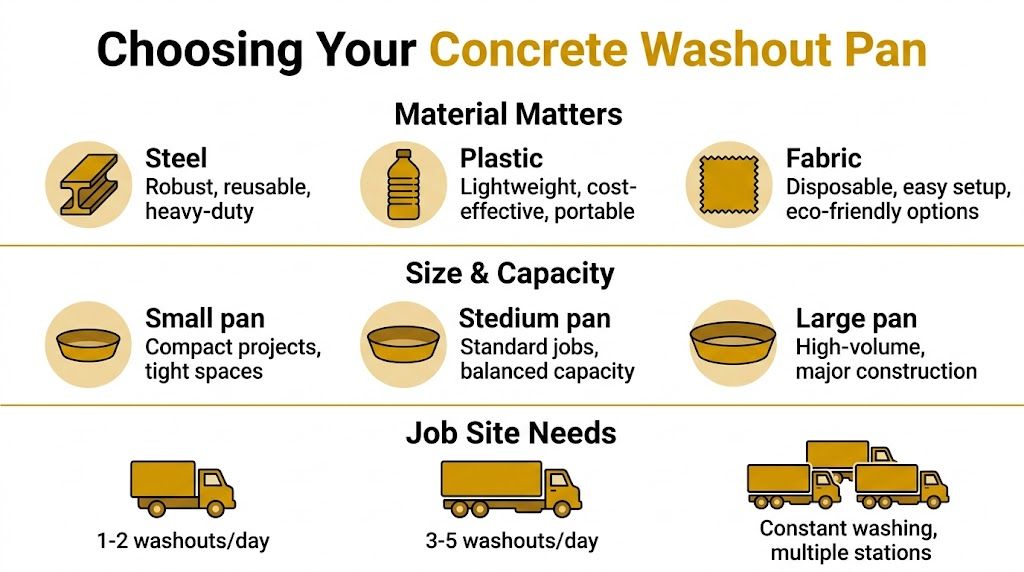 An infographic titled Choosing Your Concrete Washout Pan detailing material, size, and job site frequency considerations.