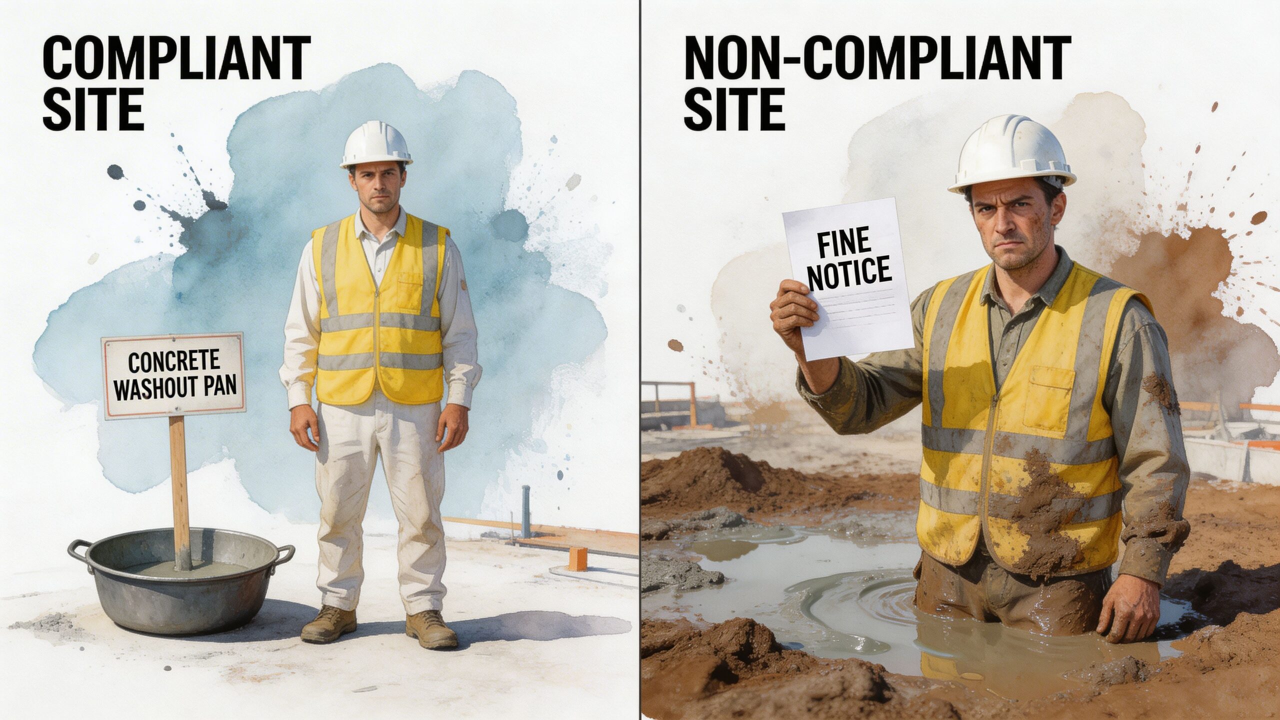 A split image comparing a compliant construction site using a concrete washout pan to a non-compliant muddy site.