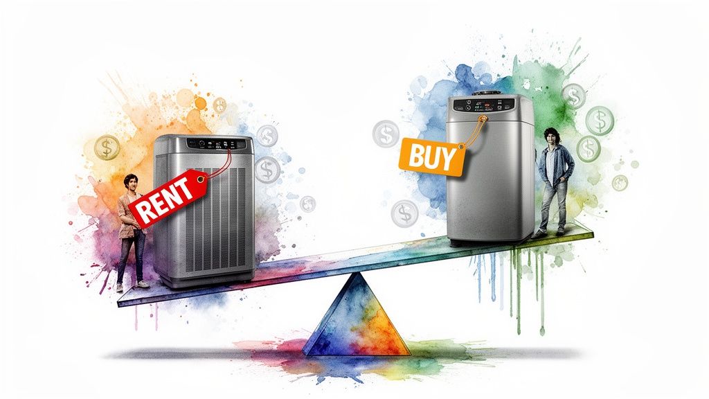 A conceptual illustration comparing renting versus buying household appliances using a balance scale graphic.