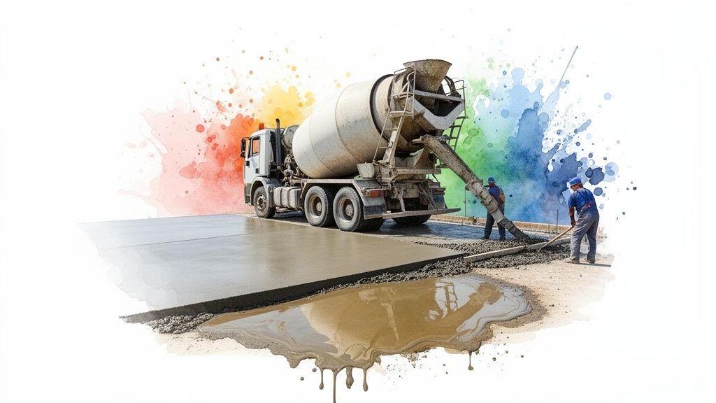 Construction workers pouring wet concrete from a mixer truck onto a slab with colorful watercolor splashes behind.
